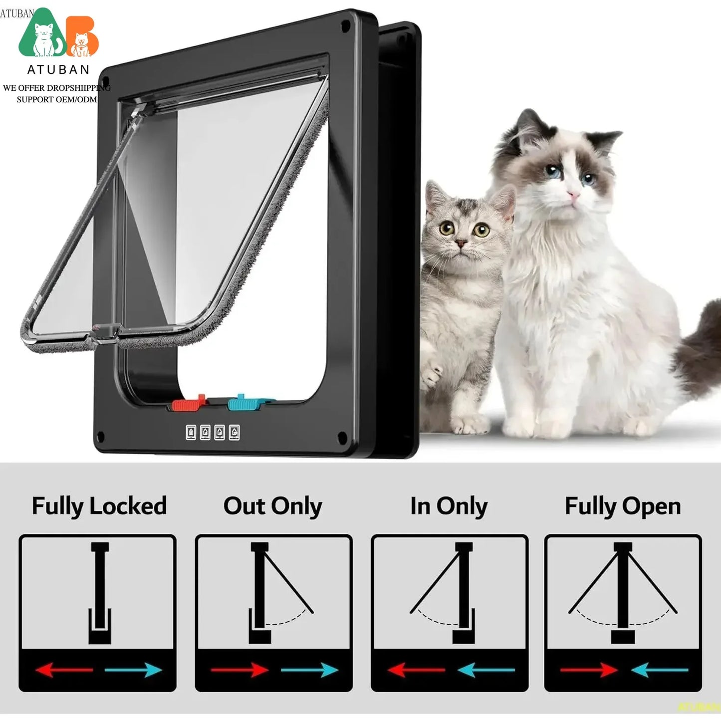 ATUBAN Cat Door With 4 Modes Locking Window Or Wall