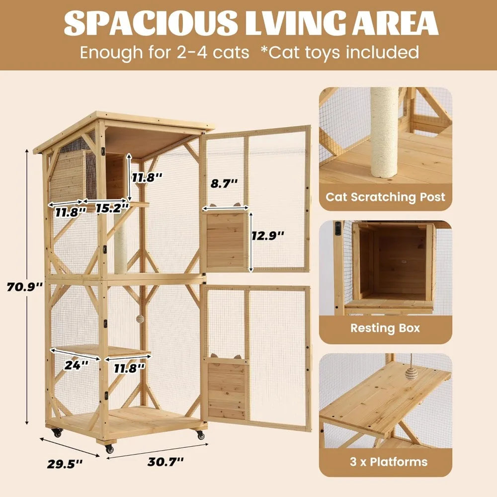 DAFIFY Outdoor Cat Enclosure With Window Access, 4 Tier Playpen, Wheels, Resting Box, Waterproof Roof, Indoor Use