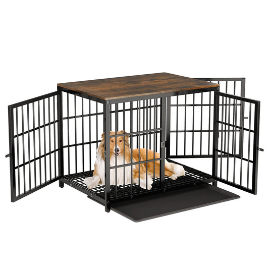 Heavy Duty Dog Kennels Metal Wooden Dog Crate End Table Furniture Style Pet Cage with Three Doors and Removable Tray