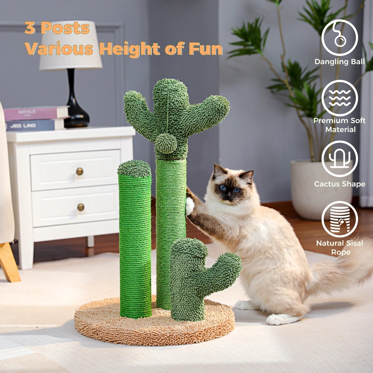 Cactus Cat Scratcher Cat Scratching Post Cactus Cat Scratcher Featuring with 3 Scratching Poles and Interactive Dangling Ball