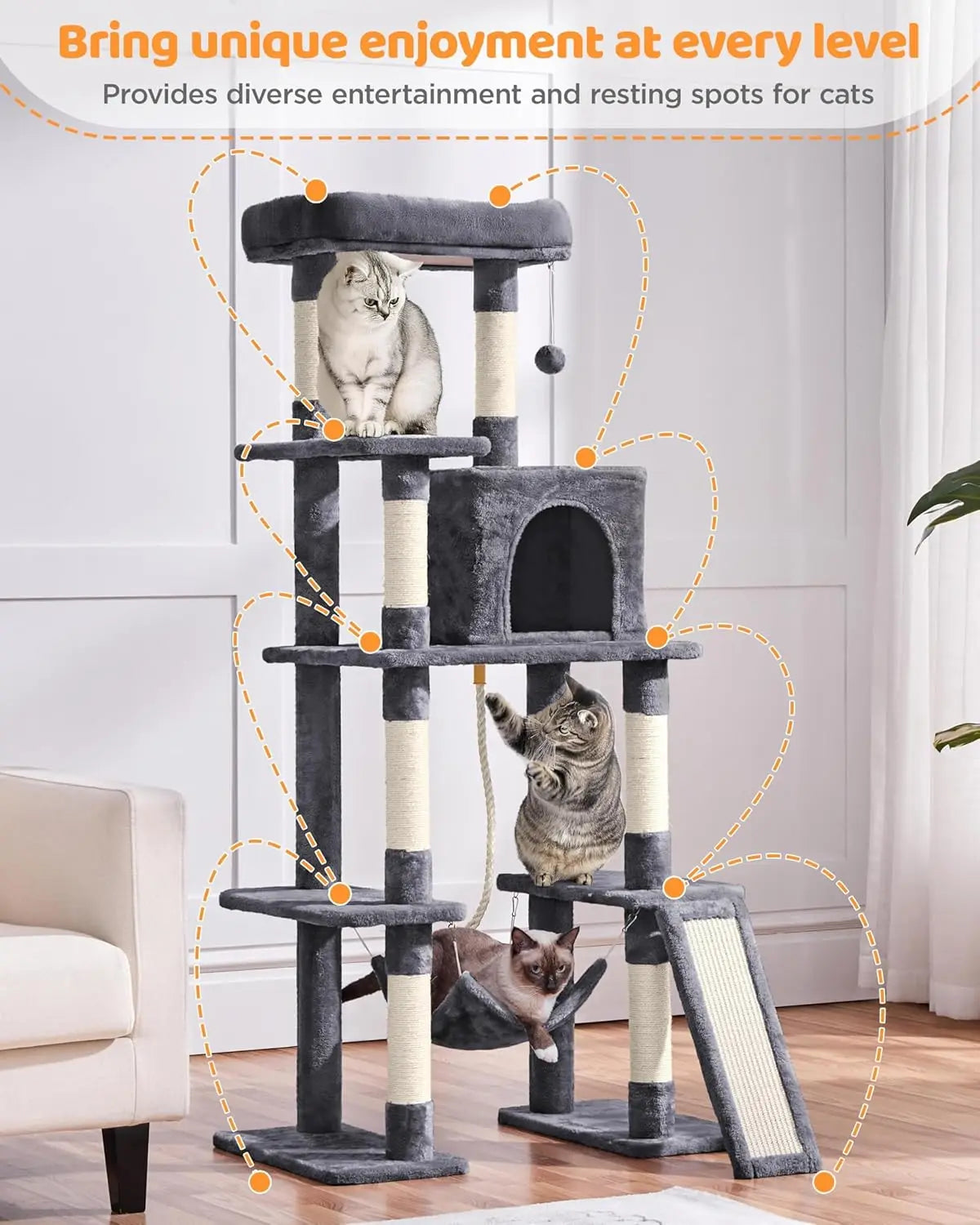 Large Multi-Level Cat Tree, 63 Inches Tall with Scratching Posts, Condo, Hammock, and Play Platform for Cats
