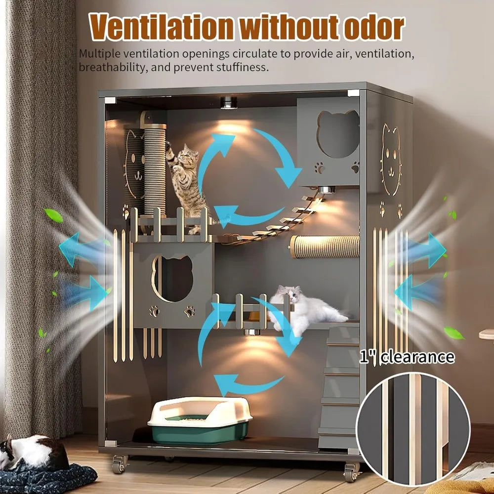 Large Enclosed Cat Condo, Wooden Large Cat Villa, Indoor/Outdoor Cats Enclosure with Wheels, Multi-Feature Cat Houses for Indoor