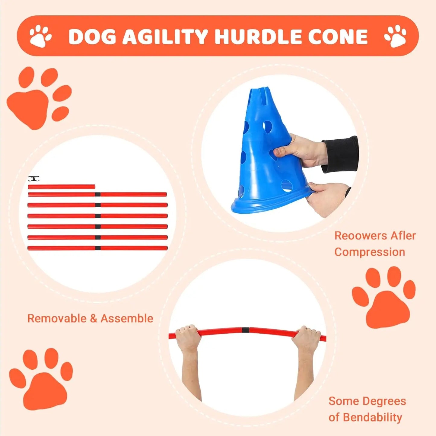 DishyKooker Dog Agility Hurdle Cone Set For Backyard Course With 12 Cones And 6 Rods