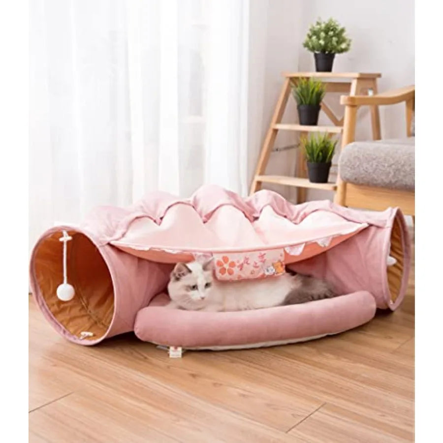 2 in 1 Cat Tunnel Bed Tube with Cushion and Plush Ball Toy Playground Crinkle Collapsible for Large Cats Kittens Kitty Puppy Sm