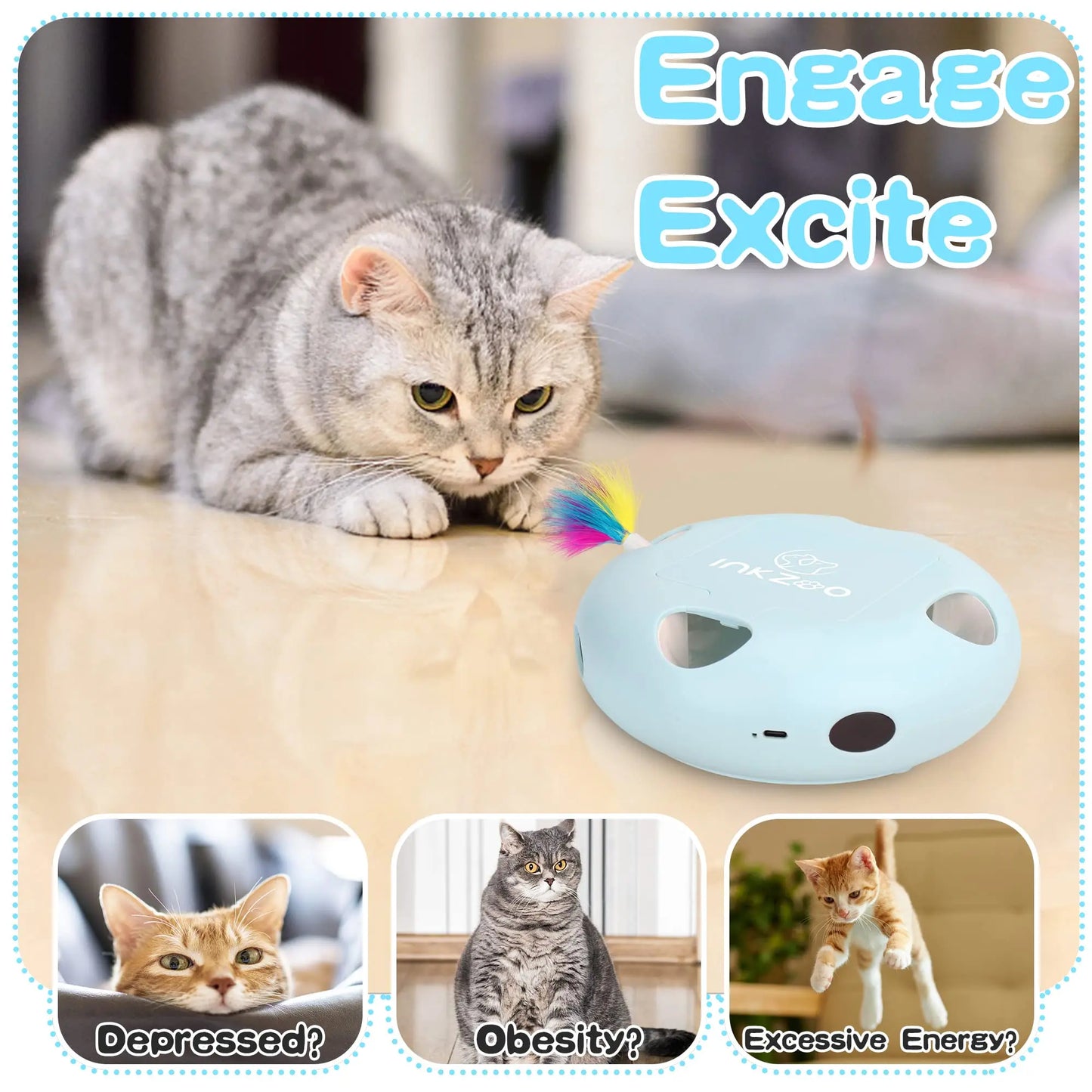 Cat toys, 7-hole smart sensor pop-up feather toys, USB powered indoor cat automatic kitten toys,Blue ﻿