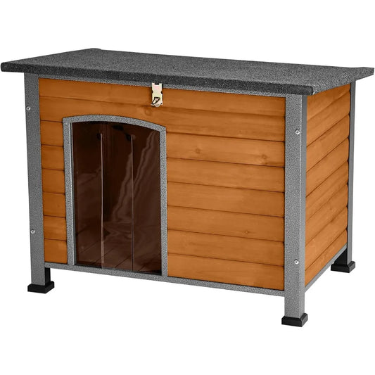 Indoor Outdoor Dog House, Anti-Chewing Iron Frame Dog Kennel, Wood Warm Pets Home, Weatherproof Outside Shelter for Feral Animal