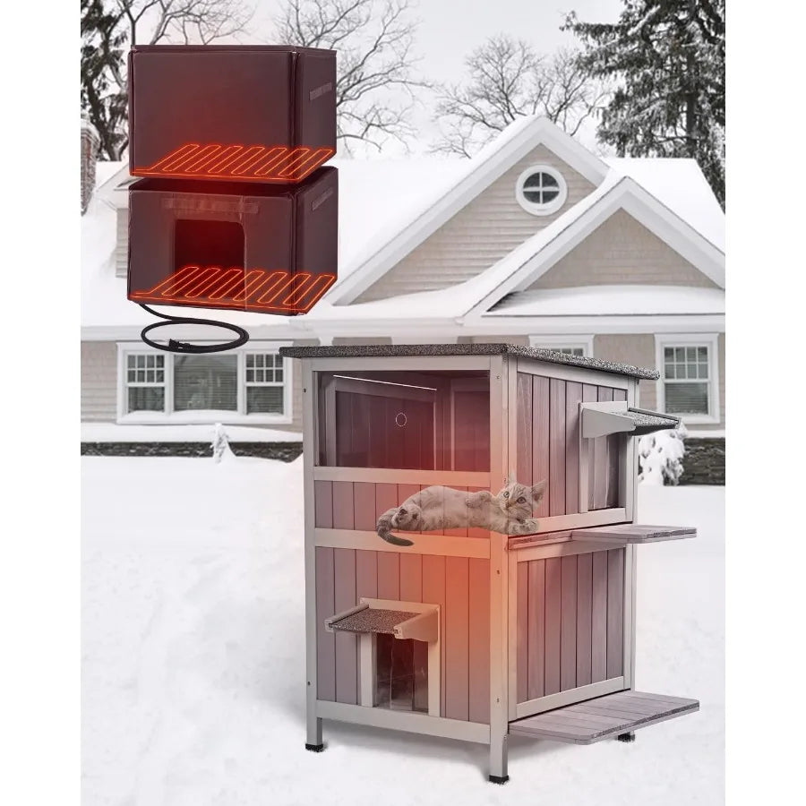 Heated Outdoor Cat House with Insulated Liner 2-Story Feral Cat Shelter with Heater Weatherproof Wooden Kitty Shelter with Wind