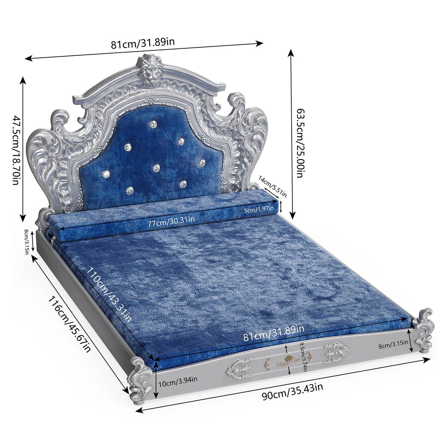 XXLarge Luxury Pet Bed with Headboard and Washable Dutch Velvet Cover Dog Cat Bed High Elastic Sponge