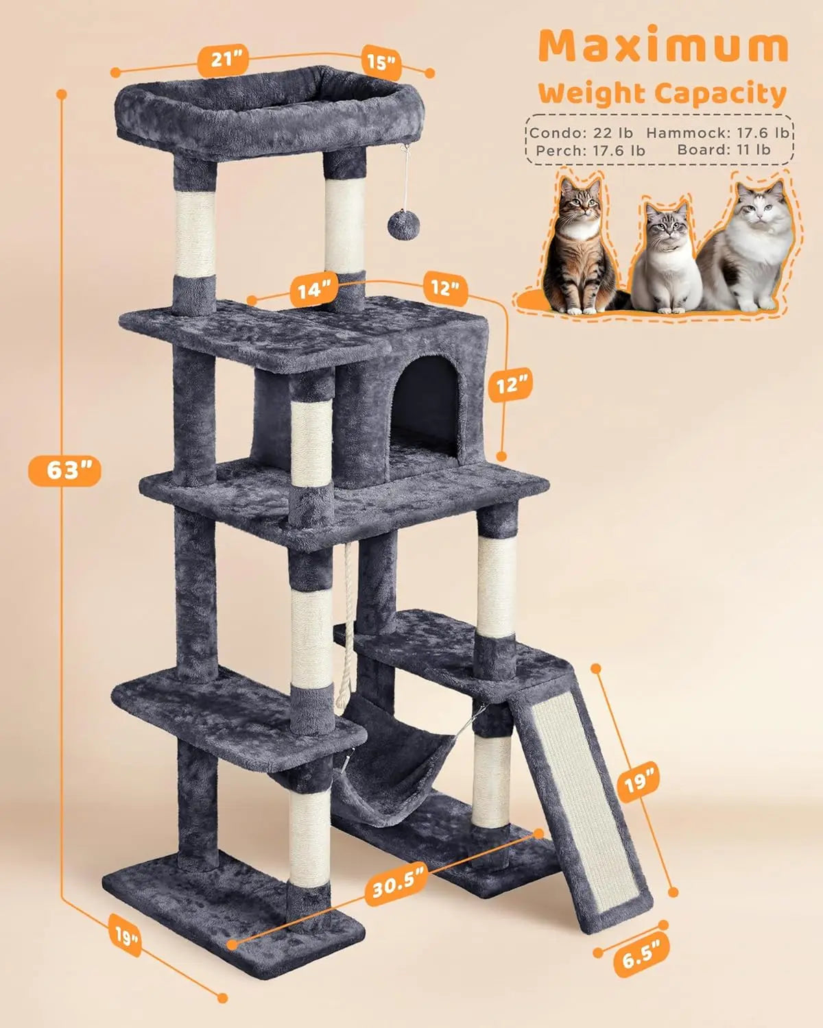 Large Multi-Level Cat Tree, 63 Inches Tall with Scratching Posts, Condo, Hammock, and Play Platform for Cats