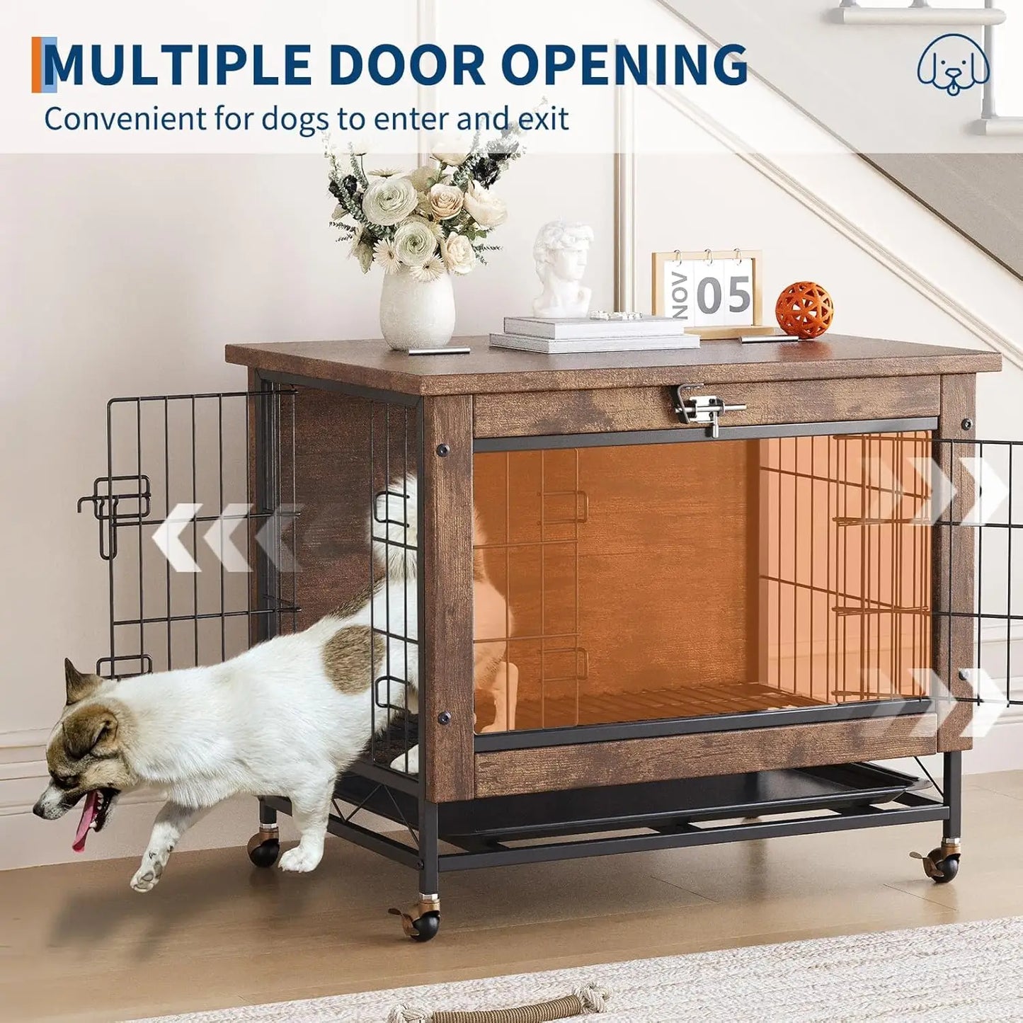 TWISTER.CK Dog Crate Furniture Indoor Wooden Kennel Double-Door With Wheels