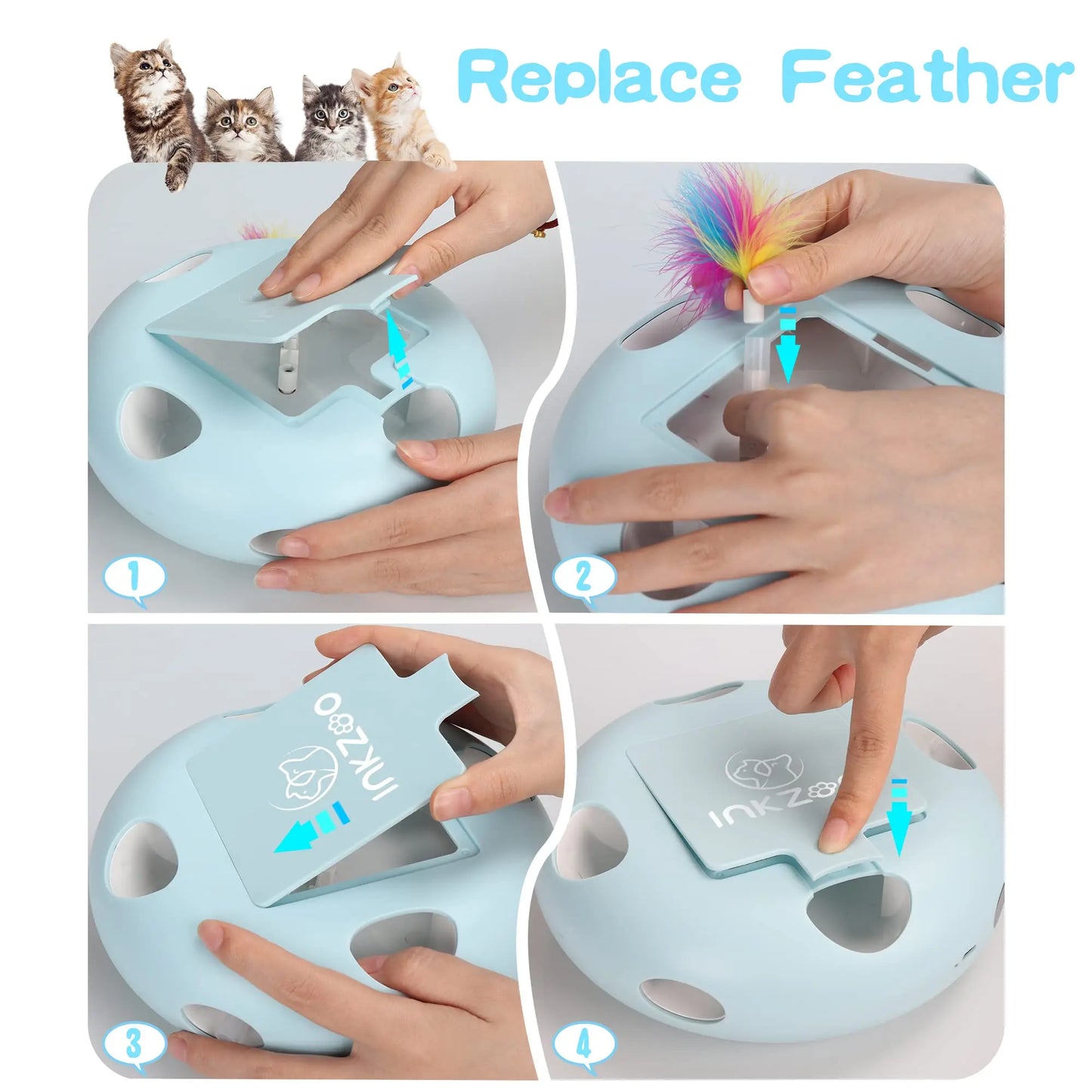 Cat toys, 7-hole smart sensor pop-up feather toys, USB powered indoor cat automatic kitten toys,Blue ﻿