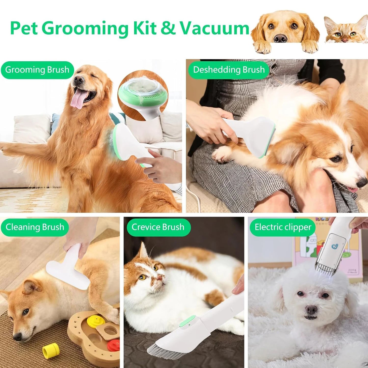 DishyKooker Pet Grooming Kit With Quiet High Suction Vacuum And Five Tools For Pets