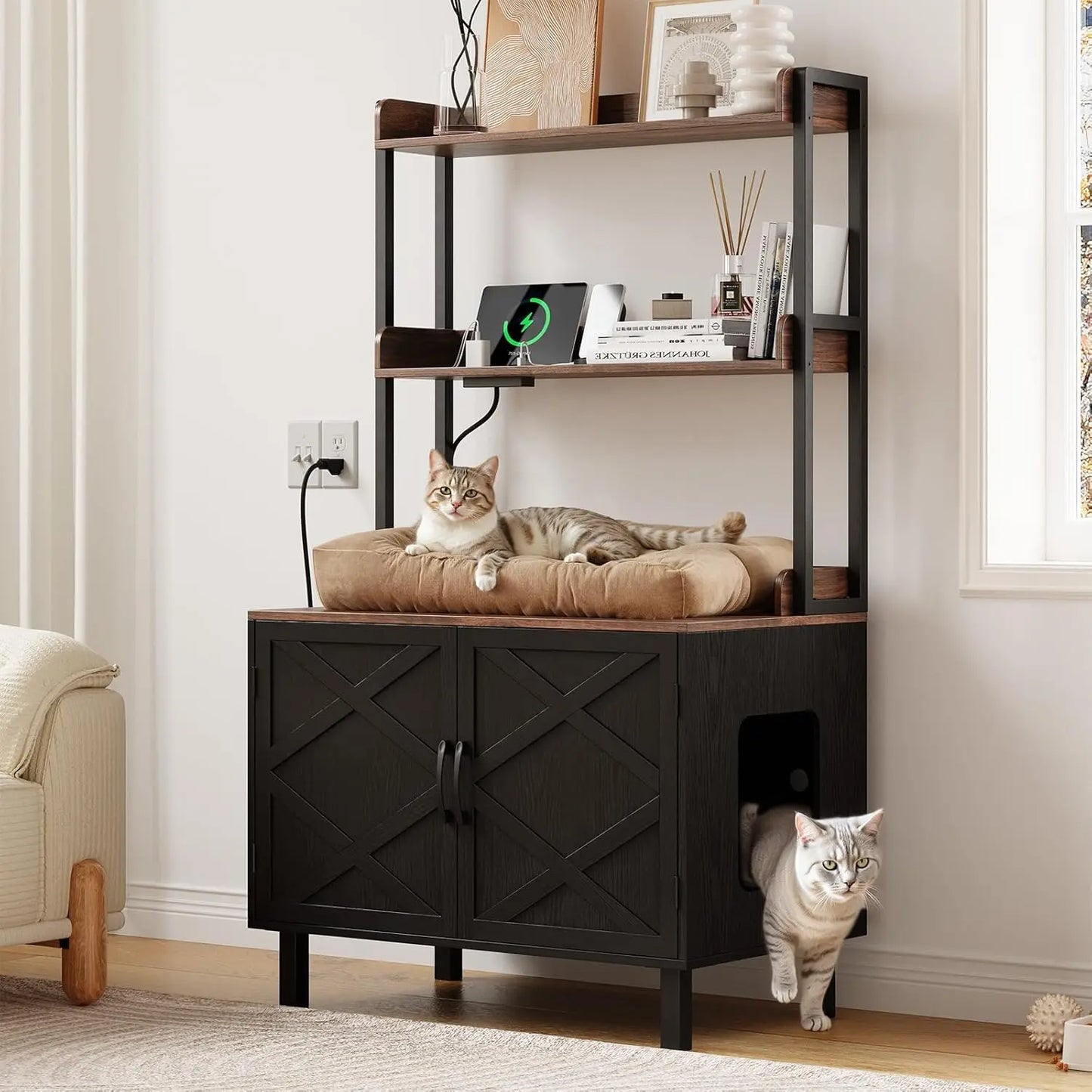 HUANZHUANG Cat Litter Box Enclosure With Outlets And Shelves Wooden