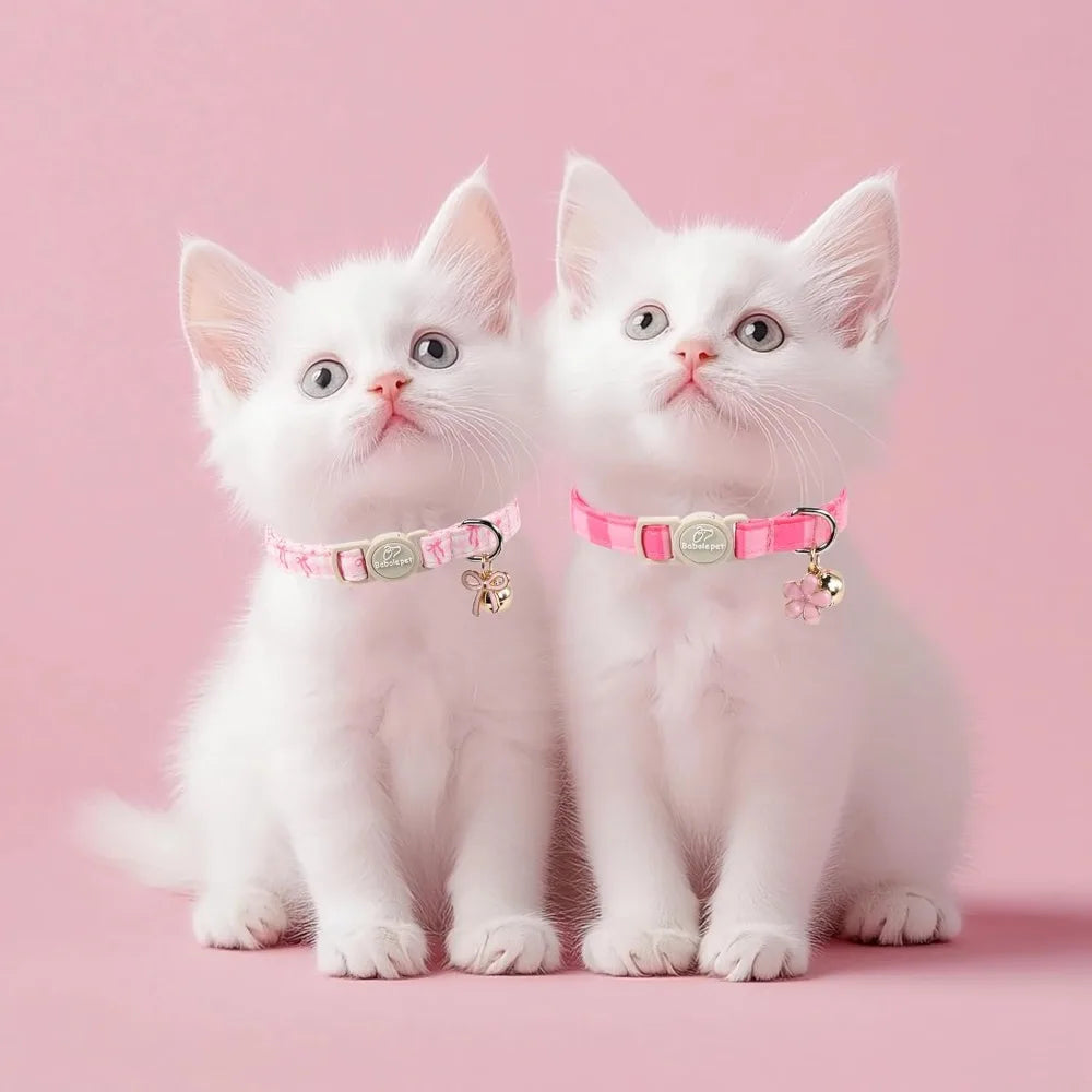 2 Pack Pink Cat Collars - Spring Summer Breakaway with Bell, Bow & Flower Pendant, Adjustable for Girl Cats, Cute Plaid Design