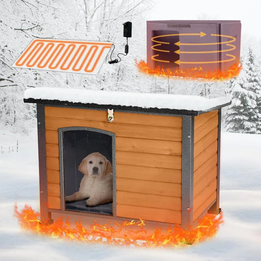 Outdoor Heated Dog House with Anti-Chew Iron Frame, Adjustable Temperature and Time, Insulated Weatherproof Shelter