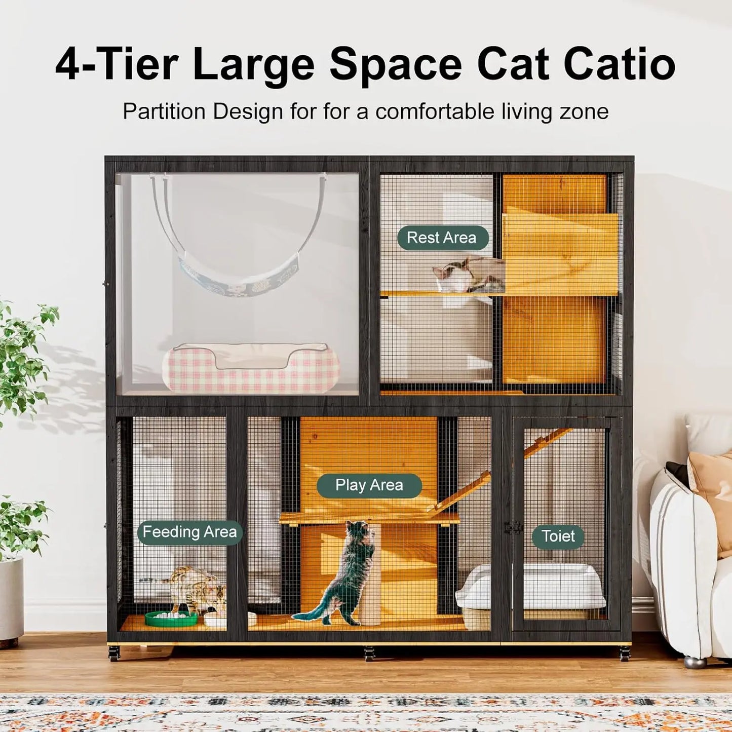 Wooden 4 Tier Cat Catio With Wheels And Access Doors