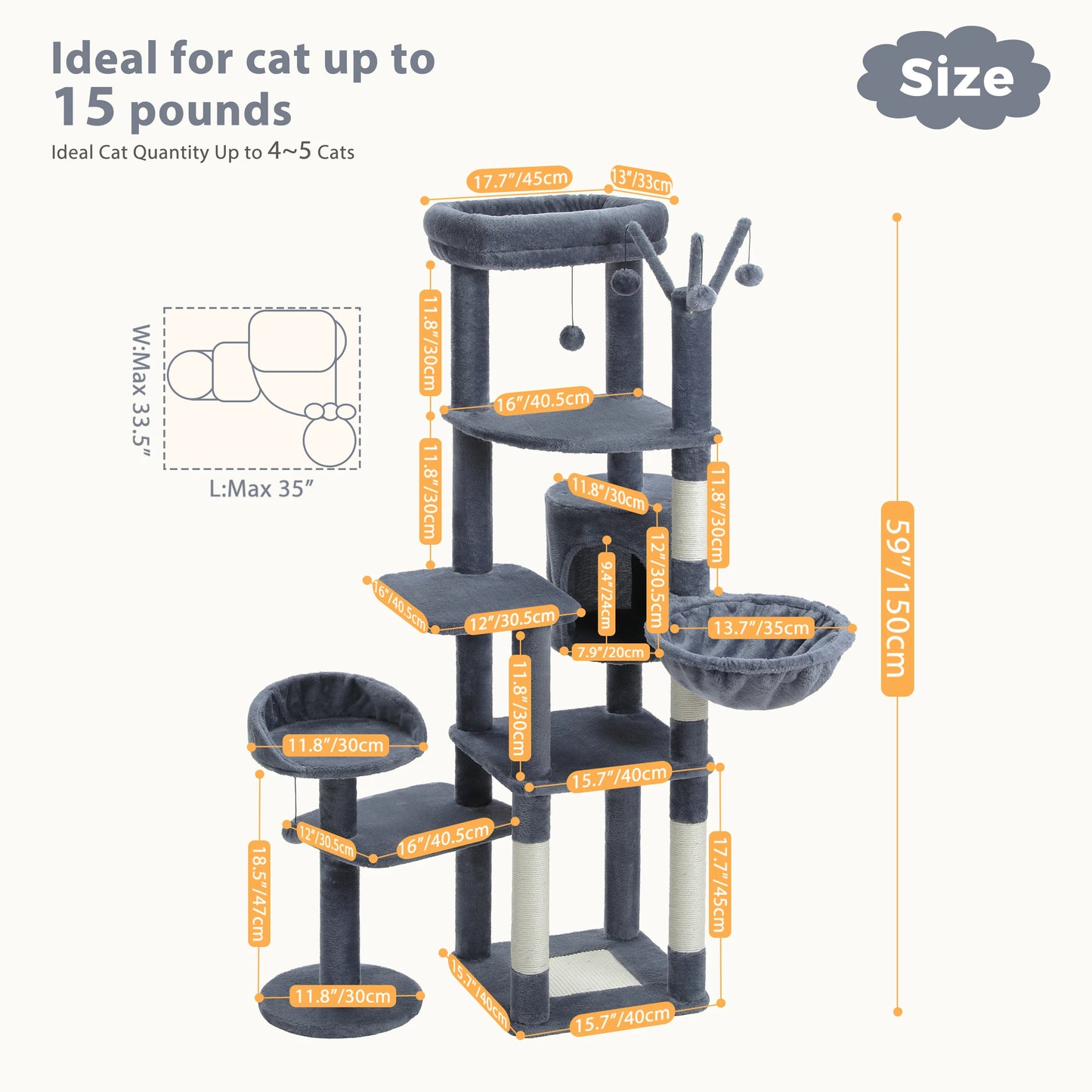 PEQULTICN PremiumQuality Multi-Level Cat Tree With Scratching Posts And HammocksElite