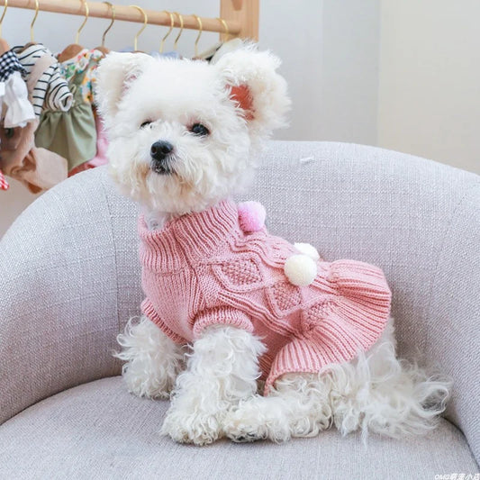 1PC Pet Apparel Dog Autumn and Winter Thickened Warm Pink Coffee Ball Knit Pullover Sweater Dress For Small Medium Dogs