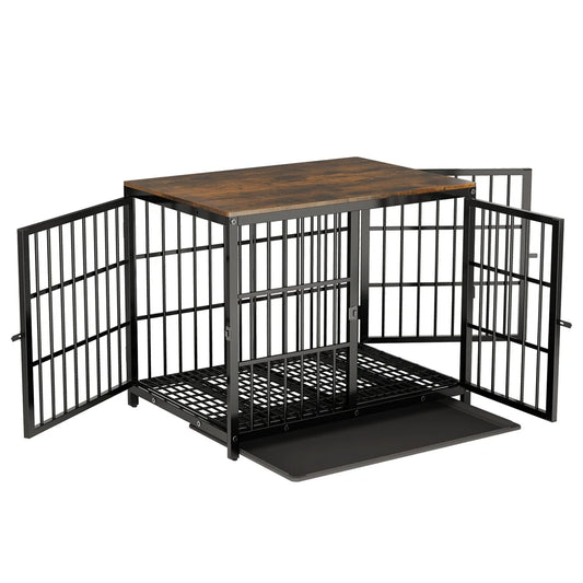 Furniture Style Dog Crate White Pet Kennel Black Cage End Table with Three Doors and Removable Tray, for Small Medium Large Dogs
