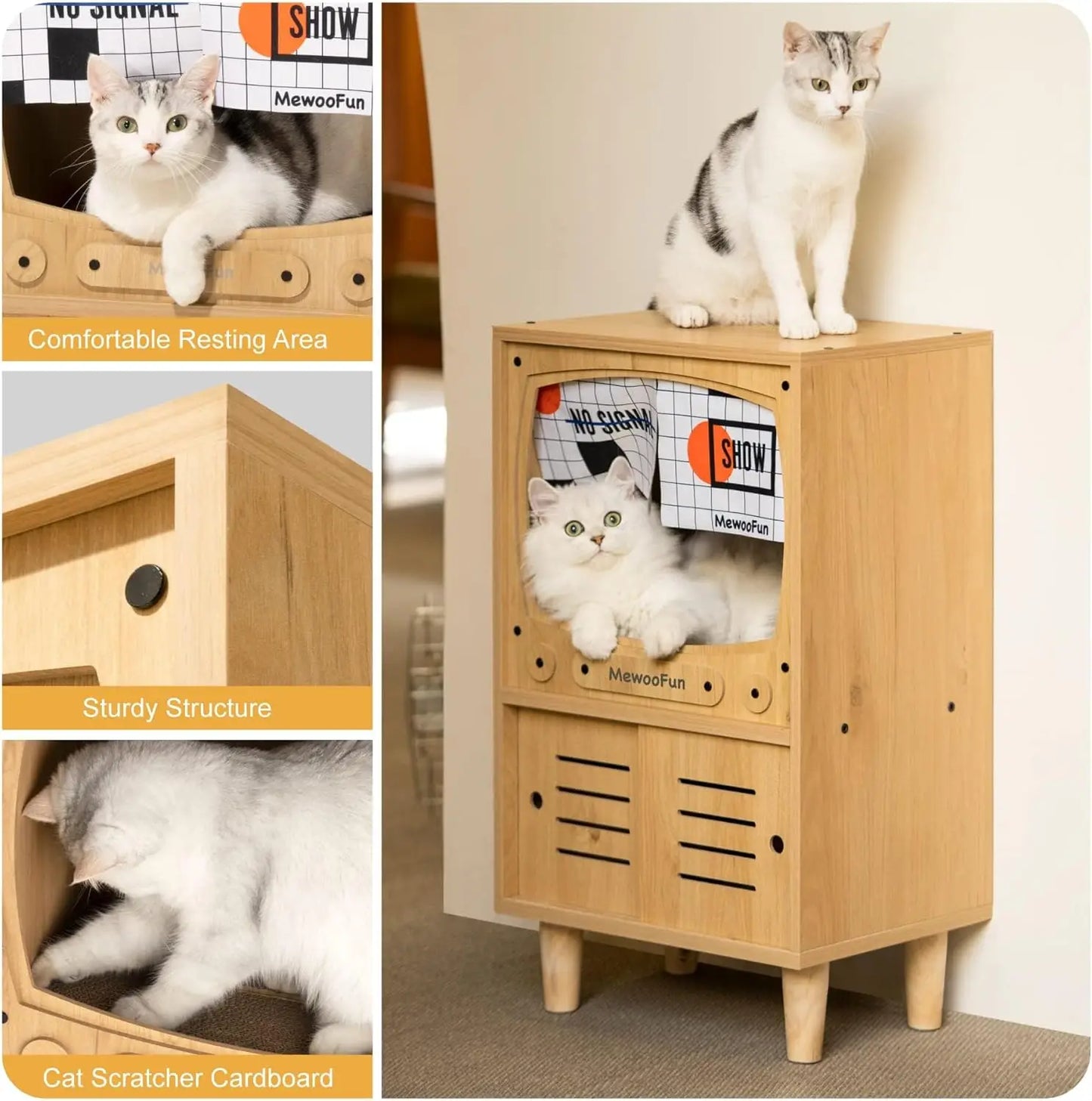 Mewoofun Cat TV House Wooden Cat Condo Sturdy Luxury Cat TV Furniture with Cat Scratcher and Storage Space Nature