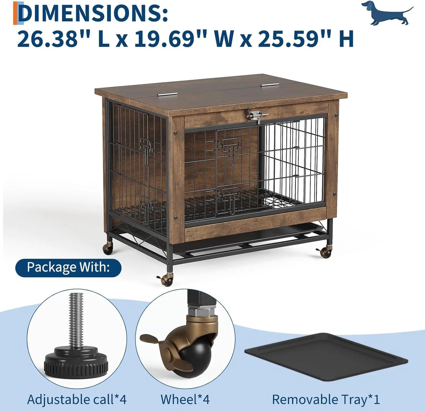 TWISTER.CK Dog Crate Furniture Indoor Wooden Kennel Double-Door With Wheels