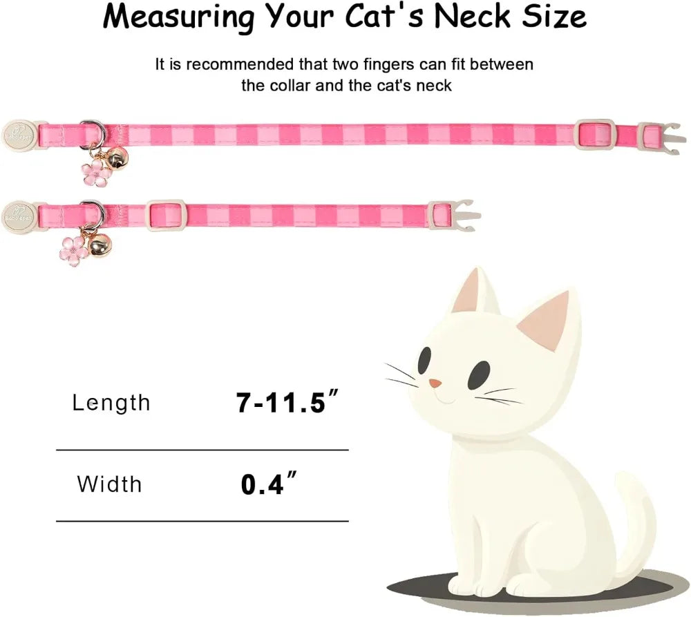 2 Pack Pink Cat Collars - Spring Summer Breakaway with Bell, Bow & Flower Pendant, Adjustable for Girl Cats, Cute Plaid Design