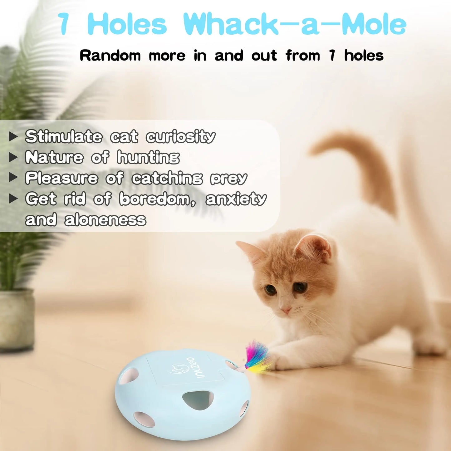 Cat toys, 7-hole smart sensor pop-up feather toys, USB powered indoor cat automatic kitten toys,Blue ﻿