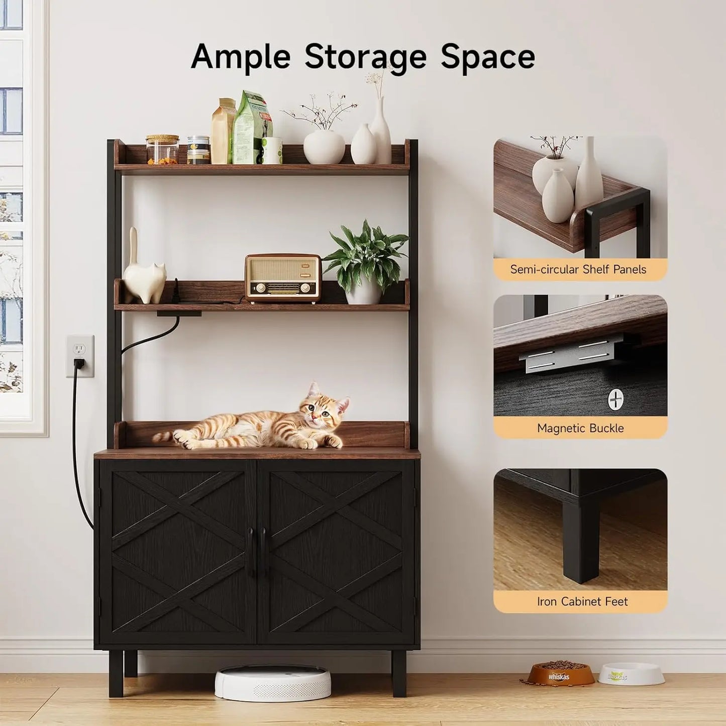 HUANZHUANG Cat Litter Box Enclosure With Outlets And Shelves Wooden