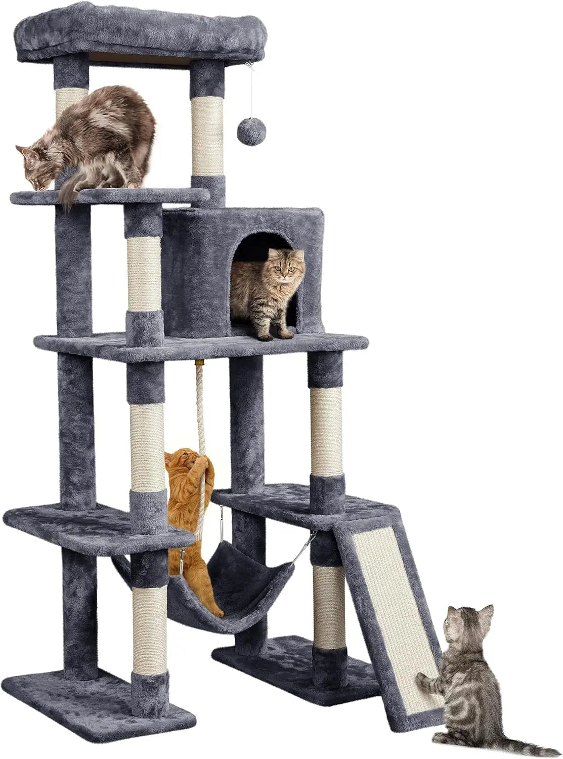 Large Multi-Level Cat Tree, 63 Inches Tall with Scratching Posts, Condo, Hammock, and Play Platform for Cats