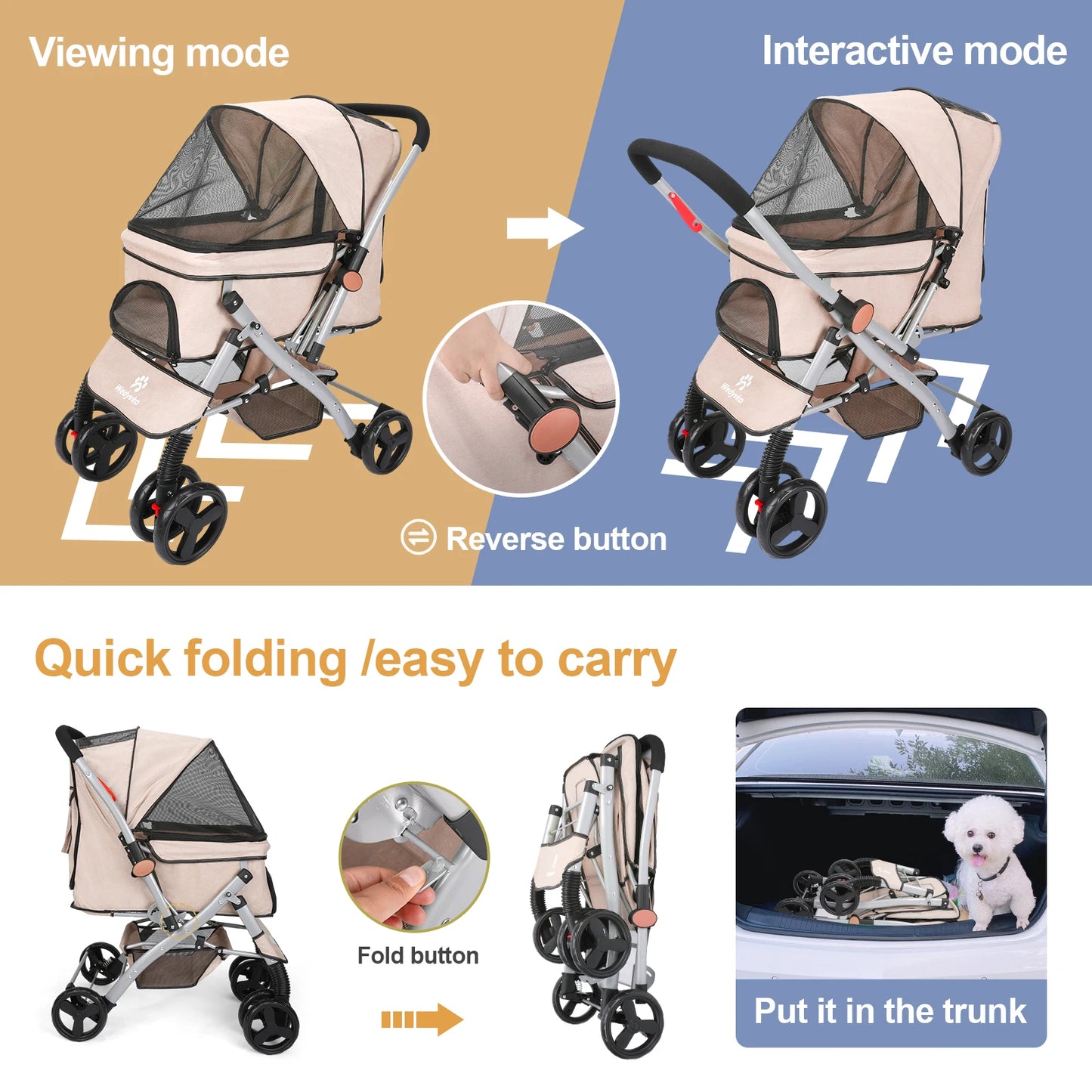 Wedyvko Foldable Cat Dog Stroller Detachable Travel Carrier Shock Absorption