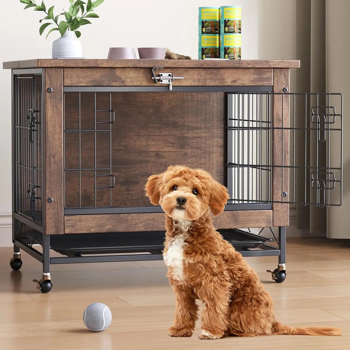 TWISTER.CK Dog Crate Furniture Indoor Wooden Kennel Double-Door With Wheels