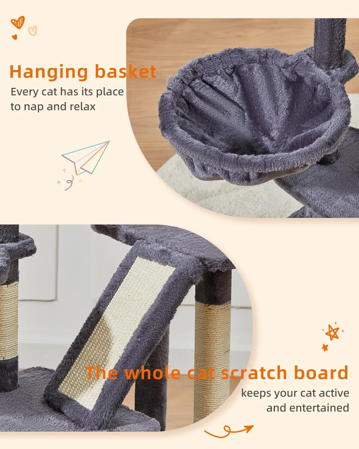 Cat Tree Indoor Tower With Adjustable Baskets And Luxurious Perch