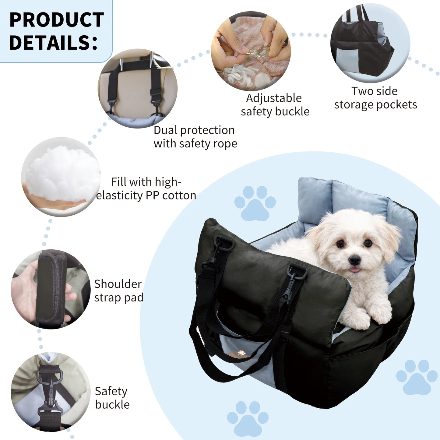 Dog Car Seat Safe & Cozy Travel Bed and Carrier for Small Dogs, Puppies, Pets up to 10 KG, Clip-On Leash & Storage Pockets