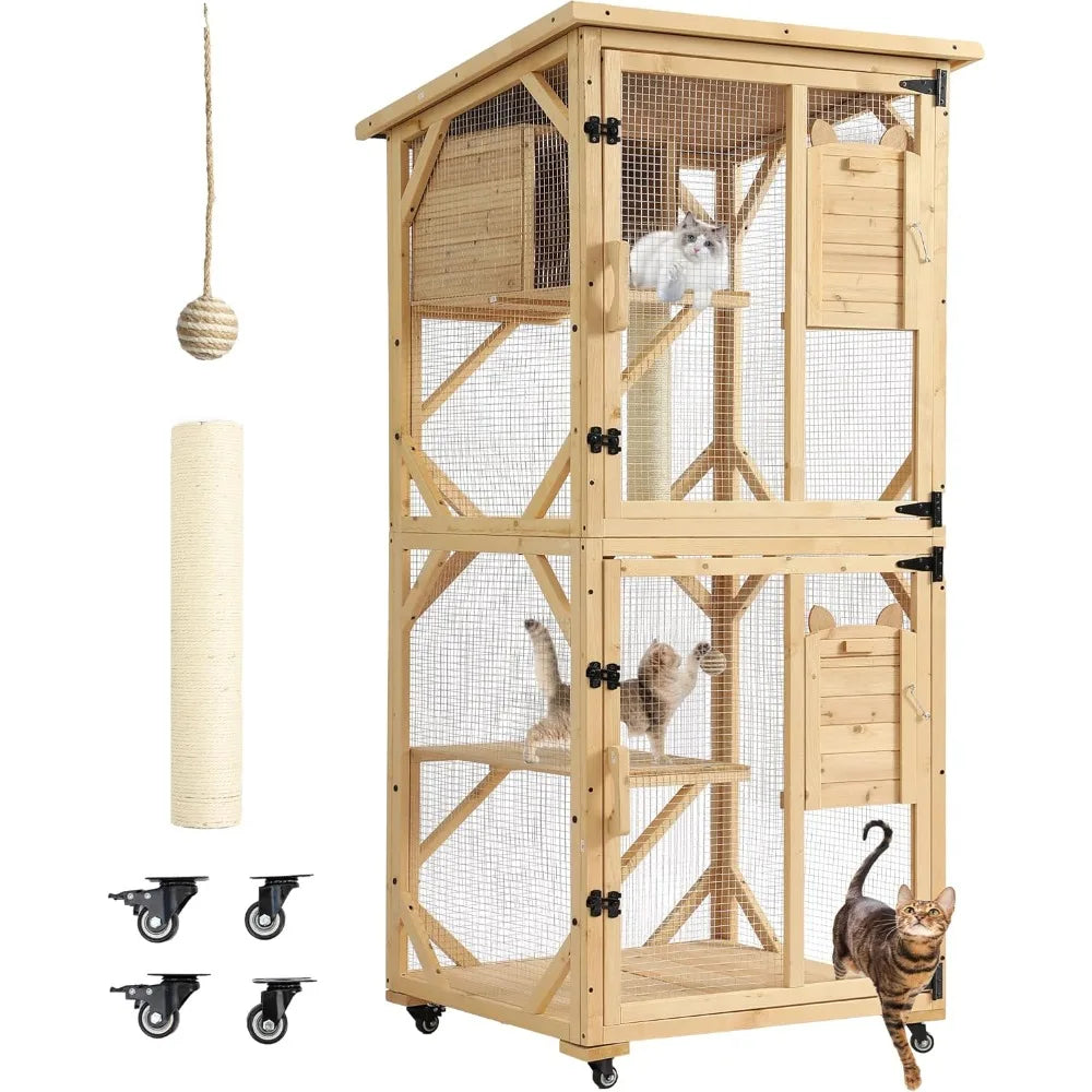 DAFIFY Outdoor Cat Enclosure With Window Access, 4 Tier Playpen, Wheels, Resting Box, Waterproof Roof, Indoor Use