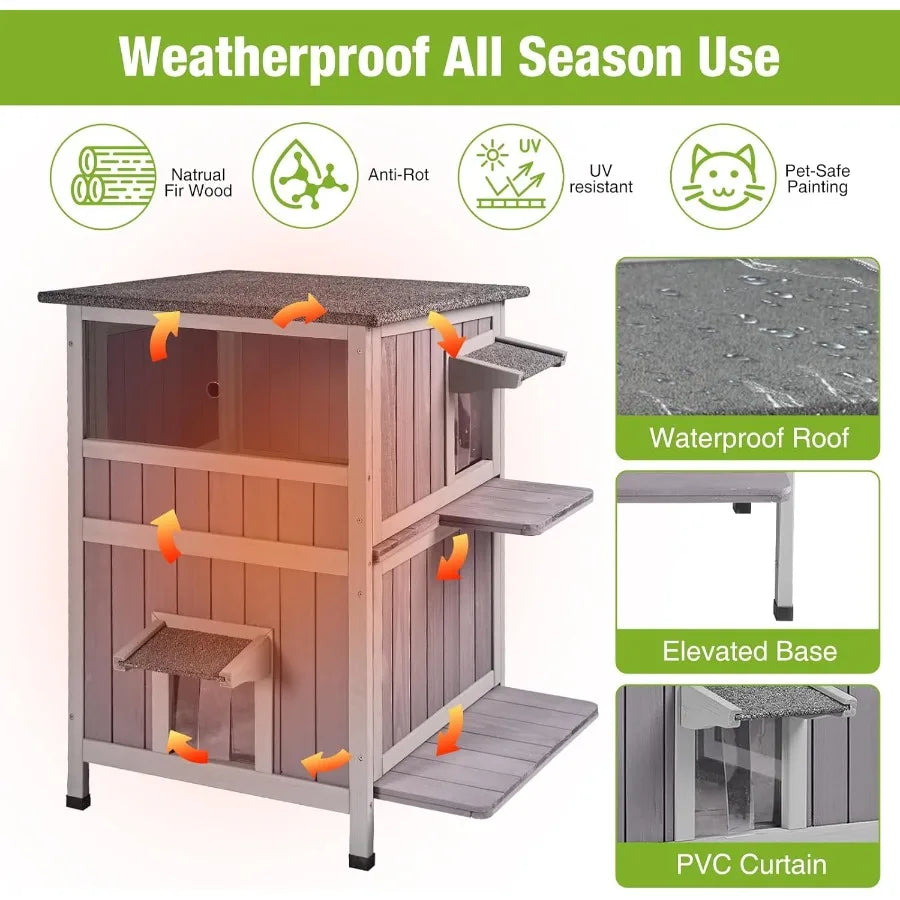 Heated Outdoor Cat House with Insulated Liner 2-Story Feral Cat Shelter with Heater Weatherproof Wooden Kitty Shelter with Wind