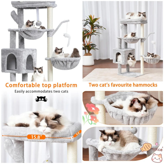 Cat Tree 39.4' Tower Condo with Scratching Post, Sisal Wrapped, Soft Platform, 2 Baskets, Dangling Toy, Light Gray HCT006SW