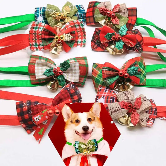 Christmas Style Dog Bowties With Bell Adjustable 10 Pieces