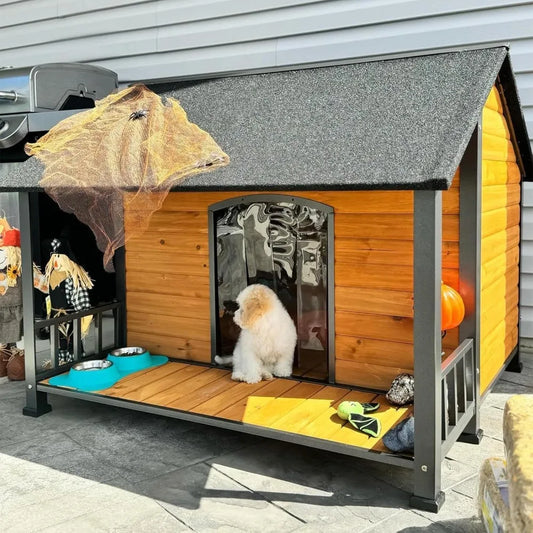 Large Dog House Outdoor for Large Breed Dogs, Insulated Dog Kennel Outside, Metal Frame, Weatherproof Dog Shelter with Porc