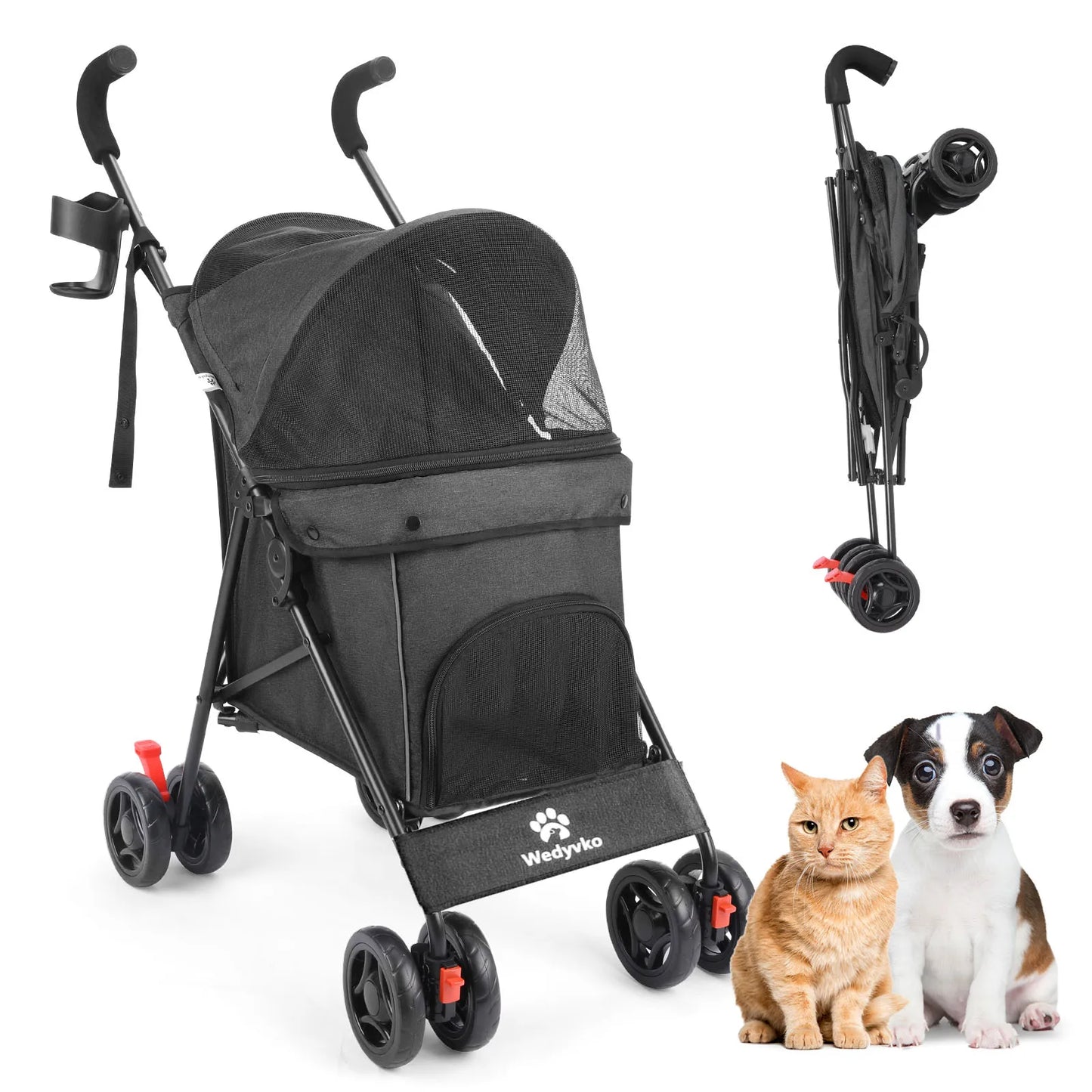 Wedyvko Pet Dog Stroller 4 Wheels Puppy Stroller Rotate with Brakes Storage for Dogs Cats Travel Pet Suplies Outdoor 애완견 유모차