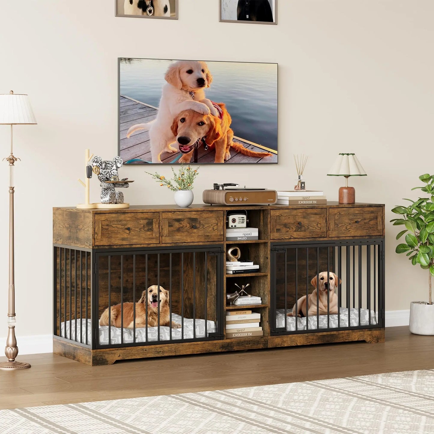 HiMISS Double Dog Crate TV Stand With 4 Drawers Organizer