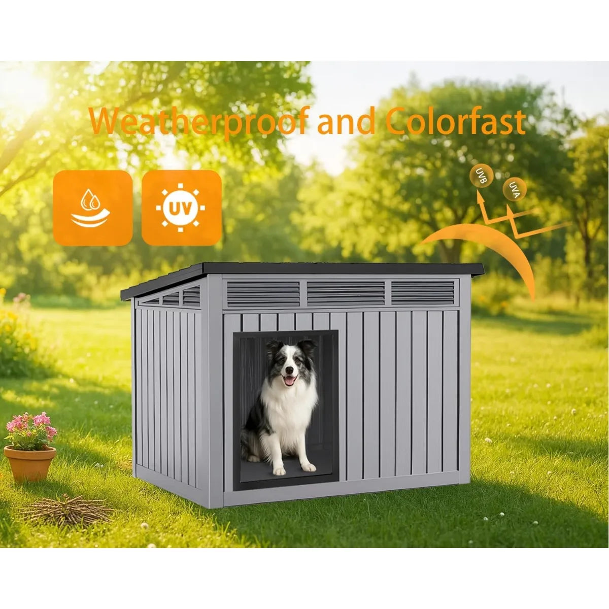 Waterproof Dog House for Small/Medium Dogs, Indoor/Outdoor with Air Vents & Elevated Floor, Easy to Clean & Assemble, Gray