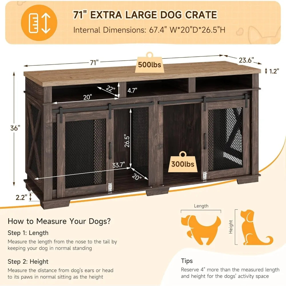 71" Dog Crate Furniture for 2 Dogs, Dog Kennel with 3 Storage Drawers & Removable Divider, Extra Large Double Dog Cage As TV Sta