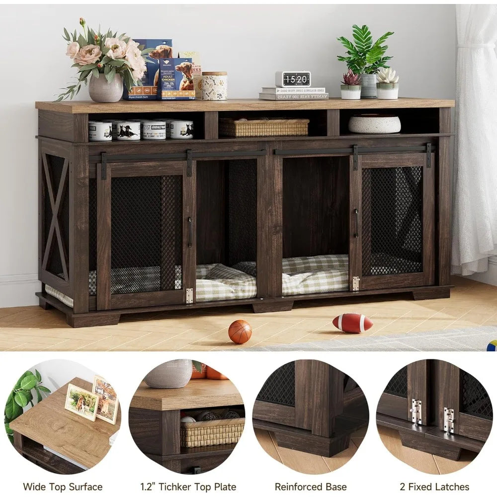 71" Dog Crate Furniture for 2 Dogs, Dog Kennel with 3 Storage Drawers & Removable Divider, Extra Large Double Dog Cage As TV Sta
