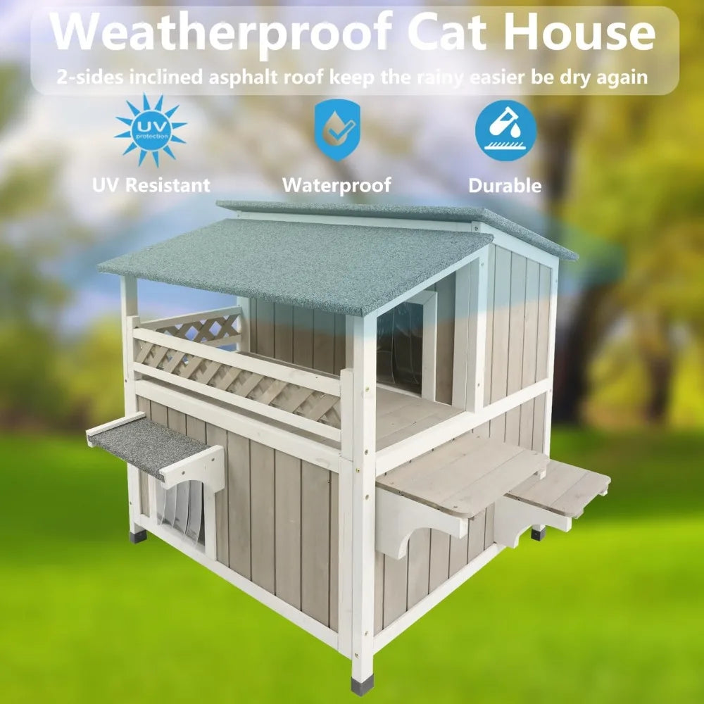 Two-Story Outdoor Wooden Cat Shelter With Balcony For Outdoor Cats