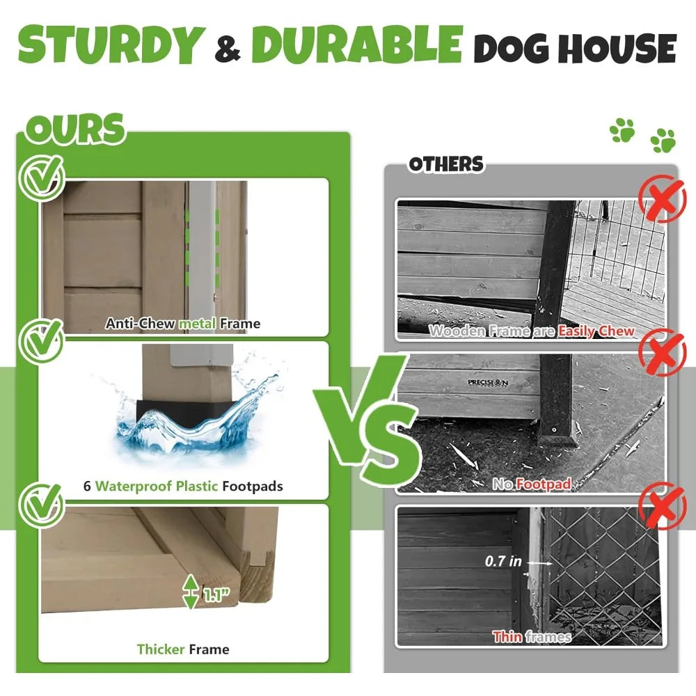 Large Outdoor Wooden Dog House, Weatherproof Dog Houses with Adjustable Vent Windows, Alloy Chew-Resistant Frame, Removable Floo