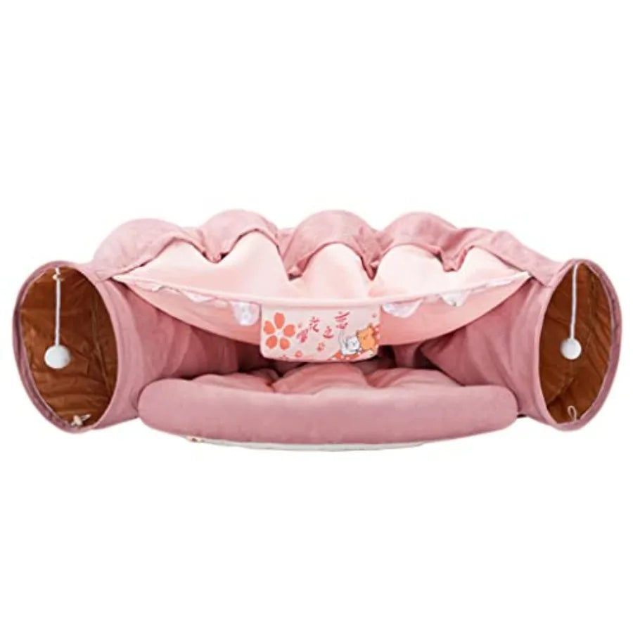 2 in 1 Cat Tunnel Bed Tube with Cushion and Plush Ball Toy Playground Crinkle Collapsible for Large Cats Kittens Kitty Puppy Sm