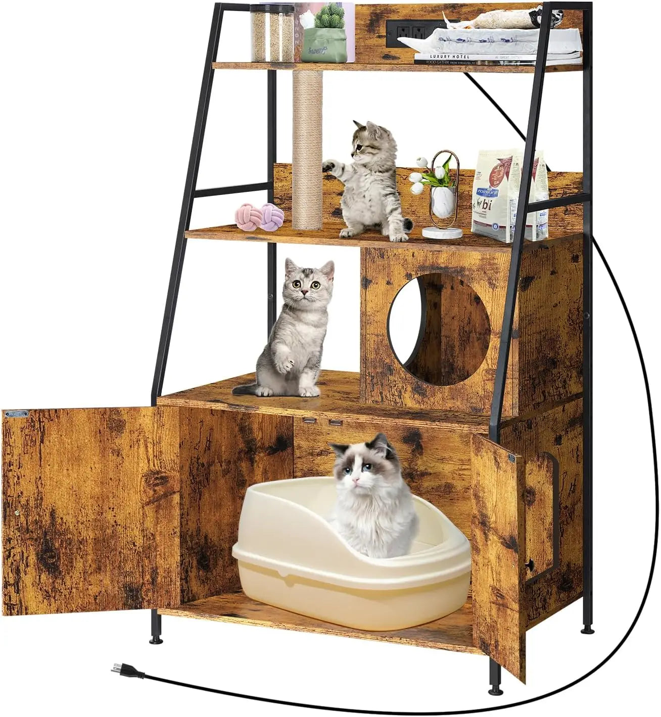 Cat Litter Box Enclosure with 2 Storage Shelves Enclosure Furniture with Charging Station,Cat Washroom with Cat Tree Tower