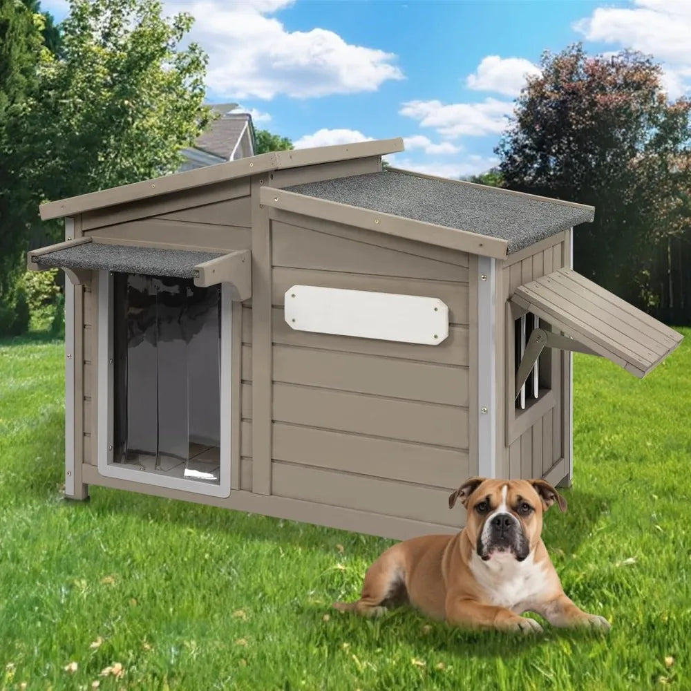 Large Outdoor Wooden Dog House, Weatherproof Dog Houses with Adjustable Vent Windows, Alloy Chew-Resistant Frame, Removable Floo