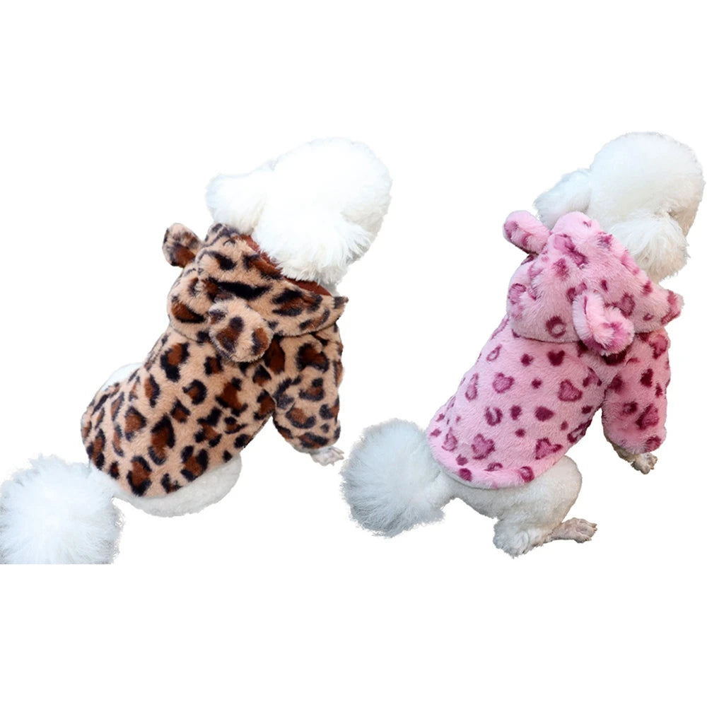 NONECN Winter Fleece Dog Hoodie Leopard Coat for Small Dogs