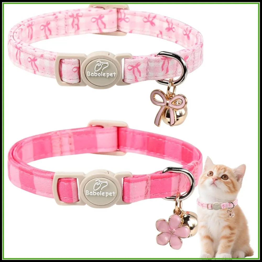 2 Pack Pink Cat Collars - Spring Summer Breakaway with Bell, Bow & Flower Pendant, Adjustable for Girl Cats, Cute Plaid Design